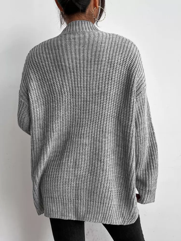 Solid Dual Pockets Ribbed Knit Cardigan,Ladies Late Fall Casual Pocket Drop Shoulder Oversized Grey Plain Women Cardigans,Casual Daily Wear,Long Sleeve Tops