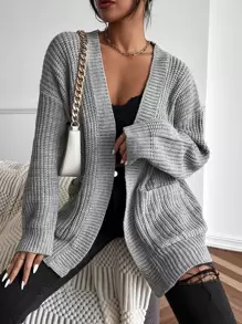 Chiquease Áo len cardigan dệt kim gân hai túi trơn, áo len cardigan nữ dáng rộng màu xám trơn dáng rộng, thường ngày, mặc hàng ngày, áo dài tay, túi thả vai, áo len cardigan nữ dáng rộng, thường ngày cuối thu - Xám - Xem 4