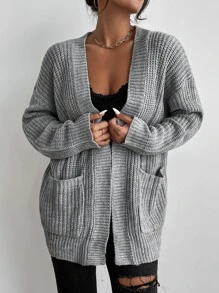 Chiquease Áo len cardigan dệt kim gân hai túi trơn, áo len cardigan nữ dáng rộng màu xám trơn dáng rộng, thường ngày, mặc hàng ngày, áo dài tay, túi thả vai, áo len cardigan nữ dáng rộng, thường ngày cuối thu - Xám - Xem 5