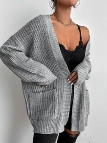 Chiquease Áo len cardigan dệt kim gân hai túi trơn, áo len cardigan nữ dáng rộng màu xám trơn dáng rộng, thường ngày, mặc hàng ngày, áo dài tay, túi thả vai, áo len cardigan nữ dáng rộng, thường ngày cuối thu - Xám - Xem 6