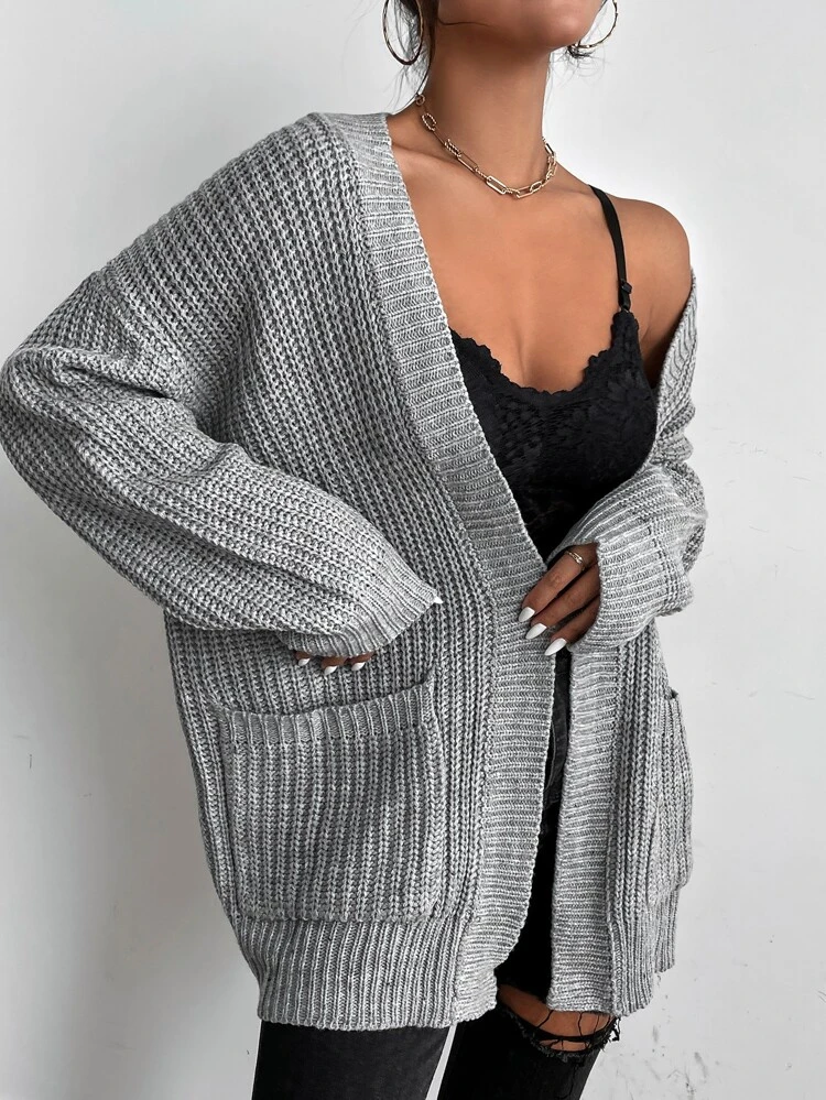 Solid Dual Pockets Ribbed Knit Cardigan,Ladies Late Fall Casual Pocket Drop Shoulder Oversized Grey Plain Women Cardigans,Casual Daily Wear,Long Sleeve Tops