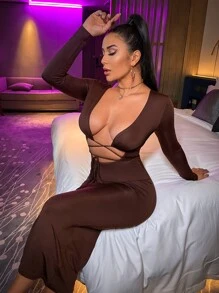 SHEIN SXY Plunging Neck Cut Out Criss Cross Self Tie Dress