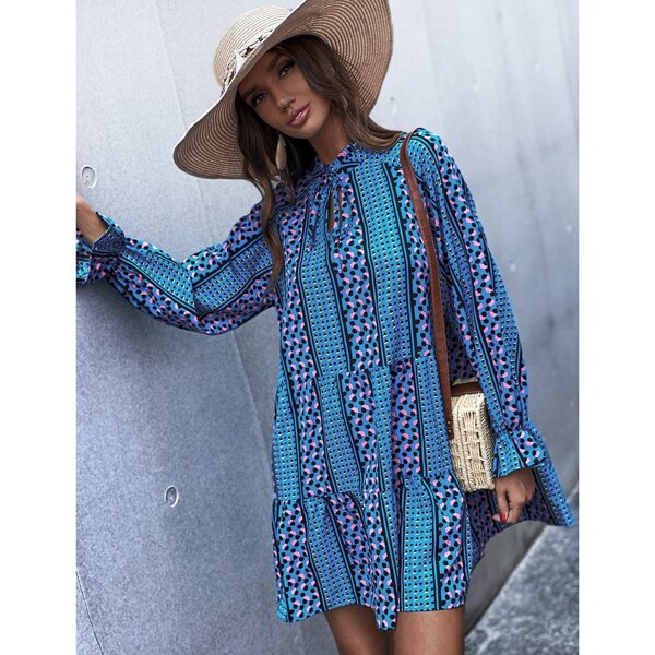 

Allover Print Flounce Sleeve Smock Dress, Blue