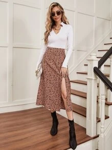 SHEIN Frenchy Dalmatian Print Split Thigh Skirt - Coffee Brown - View 5