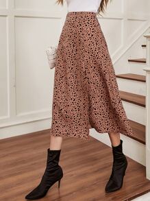 SHEIN Frenchy Dalmatian Print Split Thigh Skirt - Coffee Brown - View 6