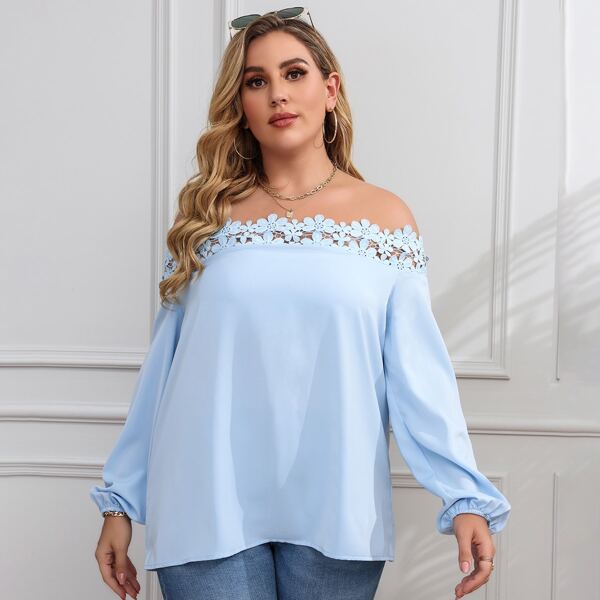

Plus Lace Trim Off The Shoulder Bishop Sleeve Blouse, Baby blue