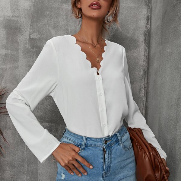 

Solid Scallop Trim Button Through Blouse, White