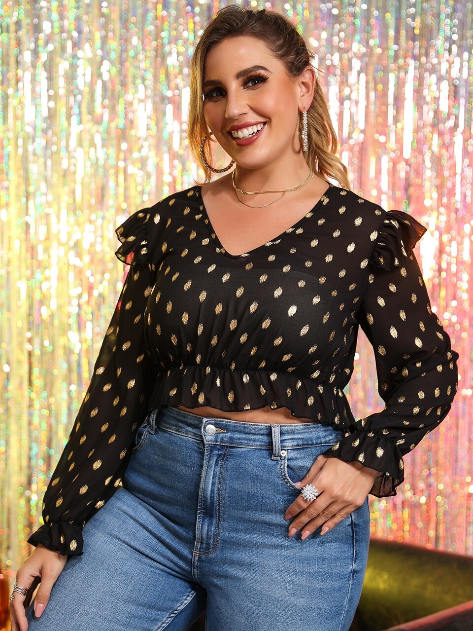 Plus Gold Dot Print Ruffle Hem Blouse