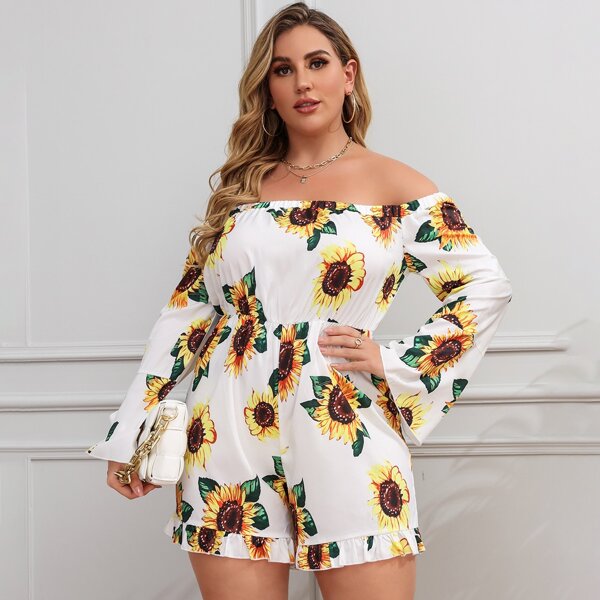 

Plus Sunflower Print Off Shoulder Trumpet Sleeve Ruffle Hem Romper, White