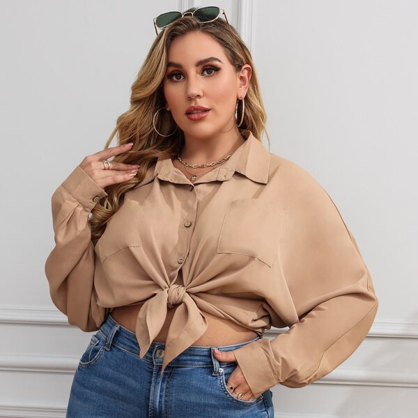 

Plus Batwing Sleeve Solid Blouse, Khaki