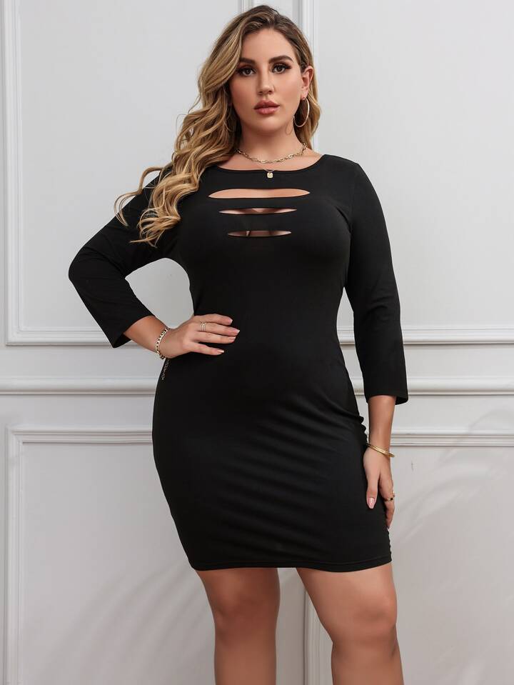 ladder cut out bodycon dress Plus Size Ladder Cutout Long Sleeve Bodycon Dress In BLACK
