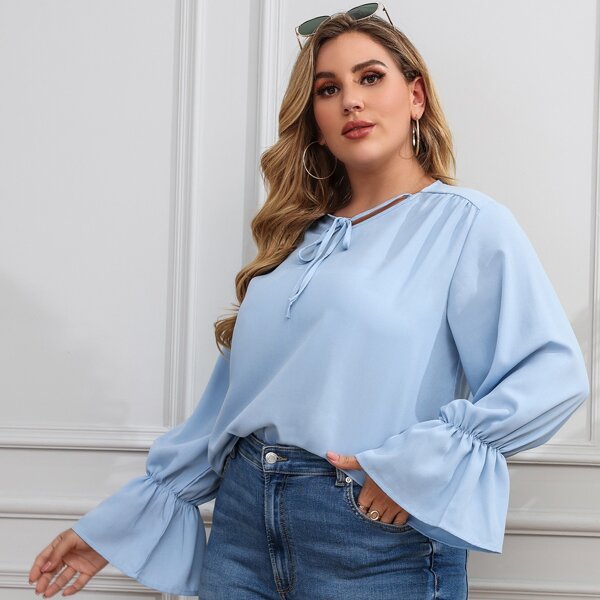 

Plus Ruffle Cuff Tie Neck Blouse, Blue