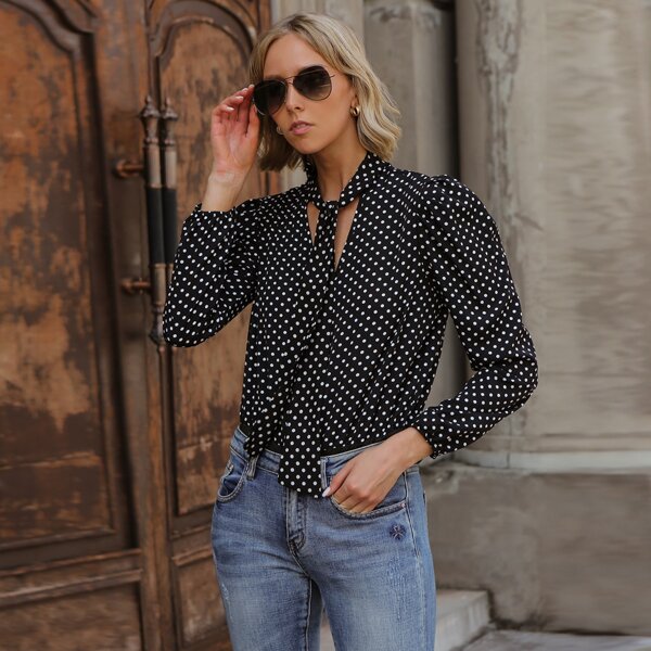 

Polka Dot Print Tie Neck Bodysuit, Black