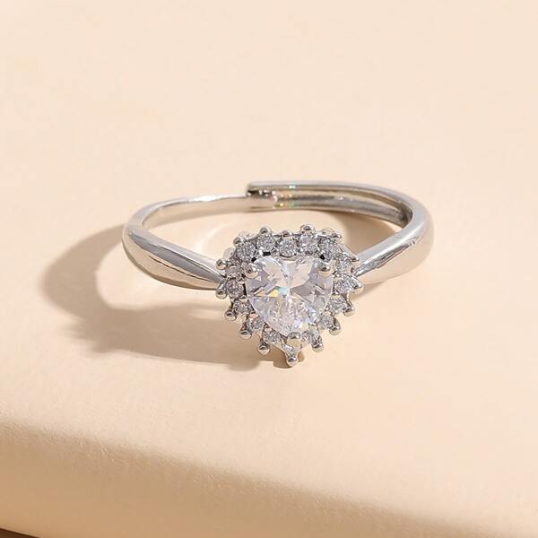 

Zircon Heart Decor Cuff Ring, Silver