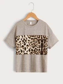 SHEIN Niñas Camiseta de hombros caídos de leopardo en contraste