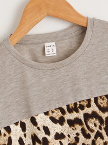SHEIN Niñas Camiseta de hombros caídos de leopardo en contraste