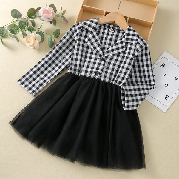 

Toddler Girls Gingham Lapel Neck Mesh Hem Dress, Black and white