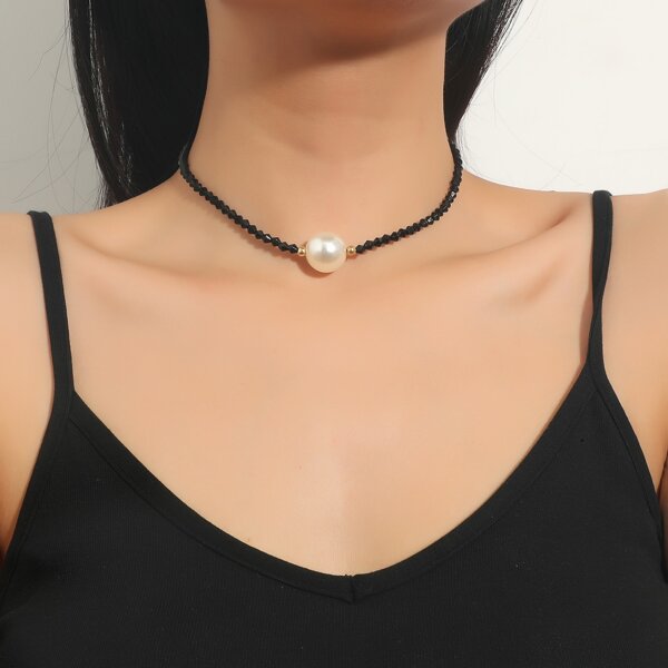 

Faux Pearl Decor Beaded Necklace, Black