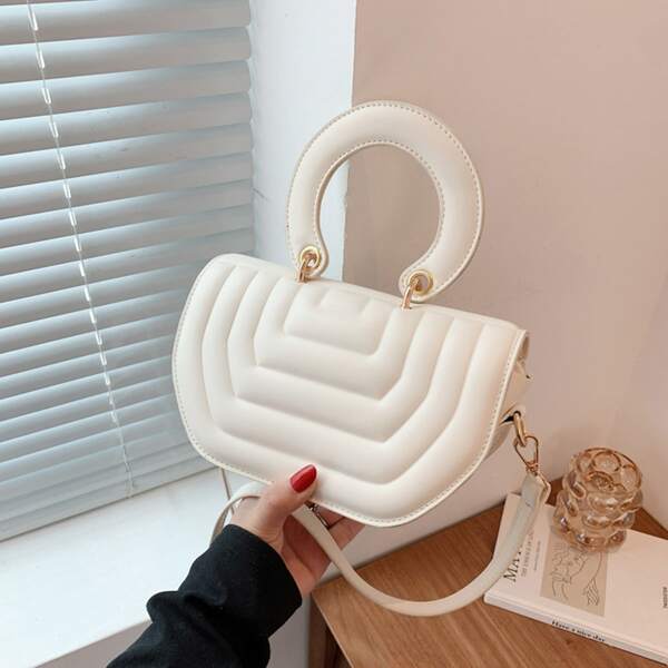 

Quilted Ring Handle Satchel Bag, White