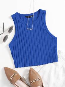 SHEIN EZwear Lettuce Trim Rib-knit Tank Top - Royal Blue - View 1