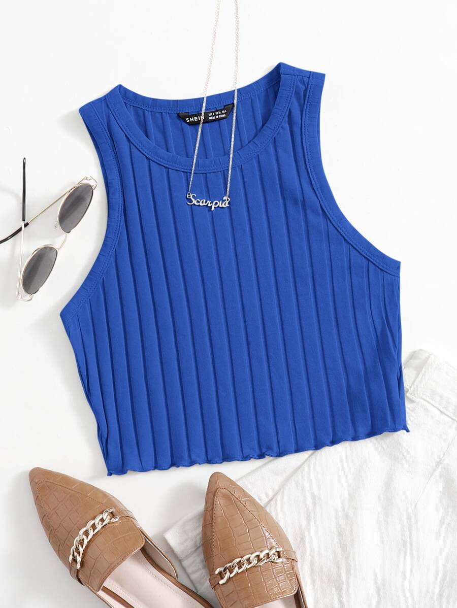 SHEIN EZwear Lettuce Trim Rib-knit Tank Top - Royal Blue - View 1
