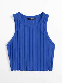 SHEIN EZwear Lettuce Trim Rib-knit Tank Top - Royal Blue - View 5