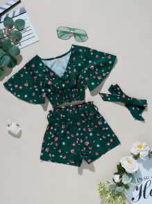 小女童小碎花前交叉上衣帶短褲 - 墨綠色 - 查看 1