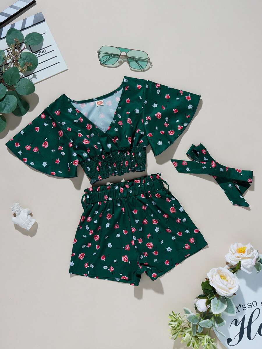 小女童小碎花前交叉上衣帶短褲 - 墨綠色 - 查看 1