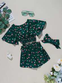 小女童小碎花前交叉上衣帶短褲 - 墨綠色 - 查看 2