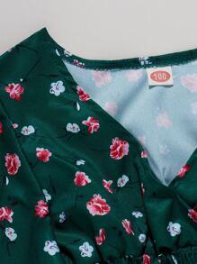 小女童小碎花前交叉上衣帶短褲 - 墨綠色 - 查看 5
