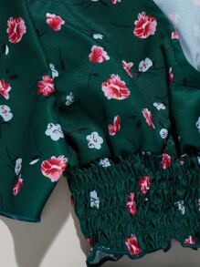 小女童小碎花前交叉上衣帶短褲 - 墨綠色 - 查看 6
