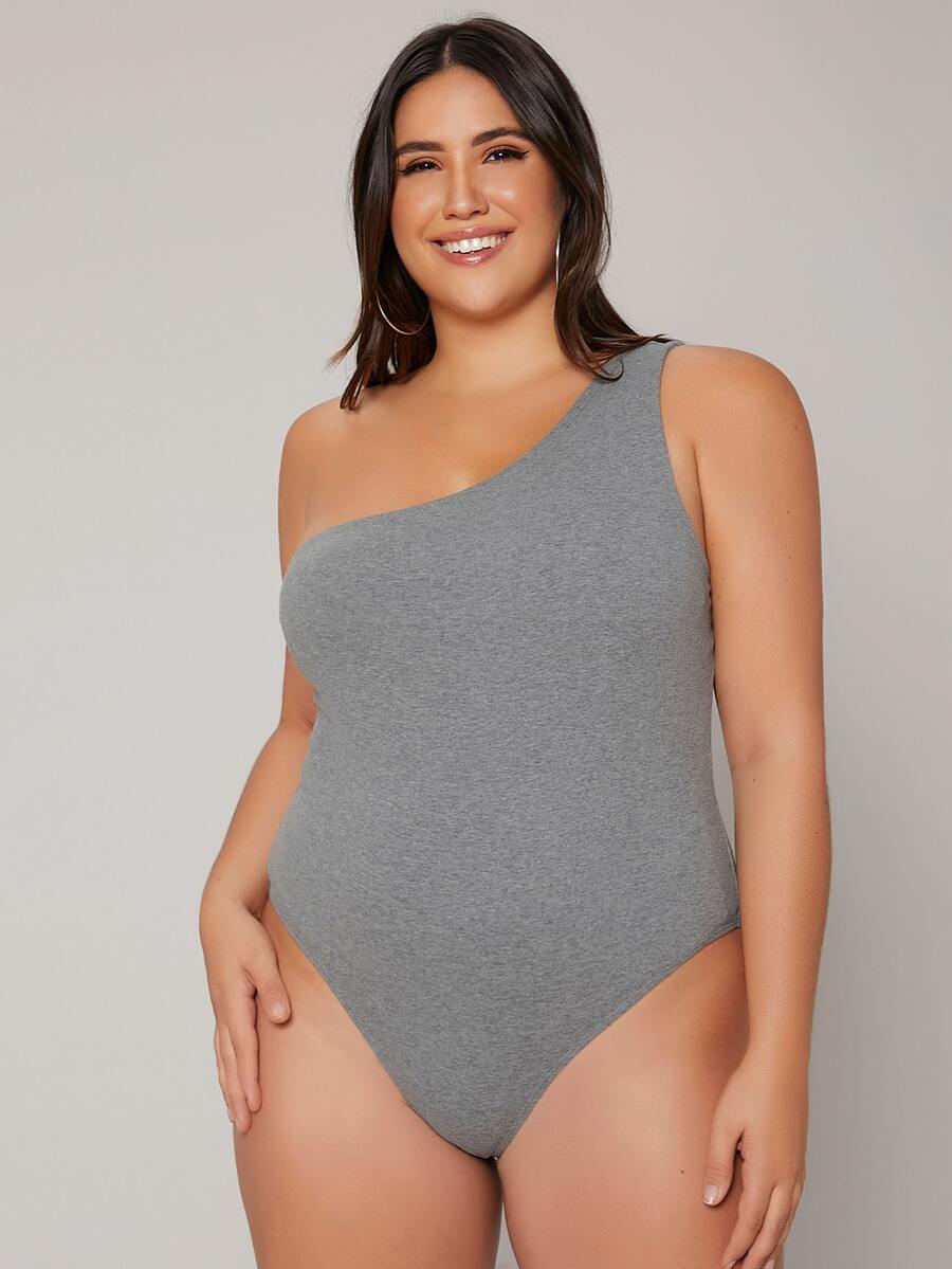 SHEIN Essnce Plus One Shoulder Solid Bodysuit - Light Grey - View 1