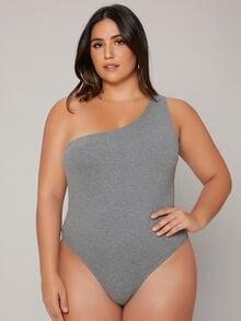 SHEIN Essnce Plus One Shoulder Solid Bodysuit - Light Grey - View 5
