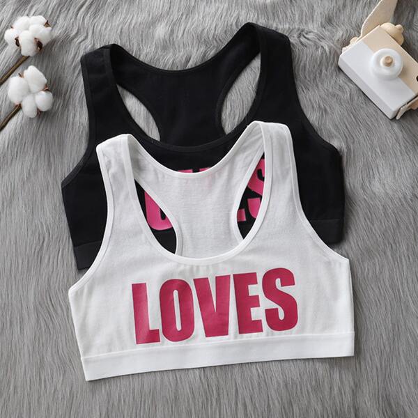 

Girls 2pcs Letter Graphic Bralettes, Black and white