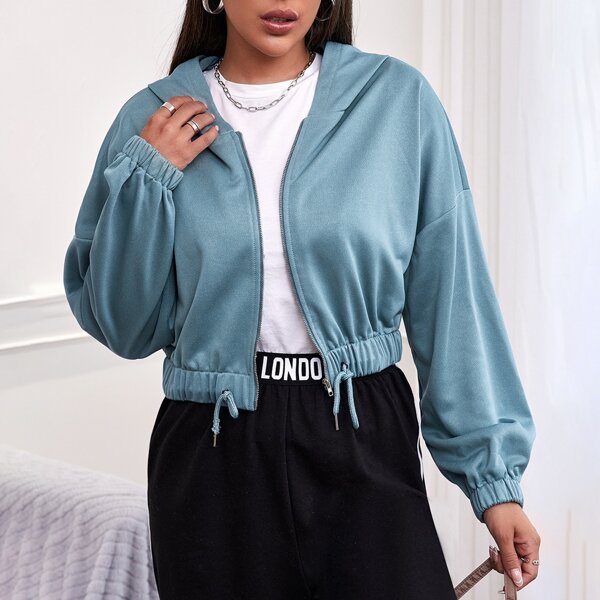 

Drop Shoulder Drawstring Hem Zip Up Hoodie, Dusty blue