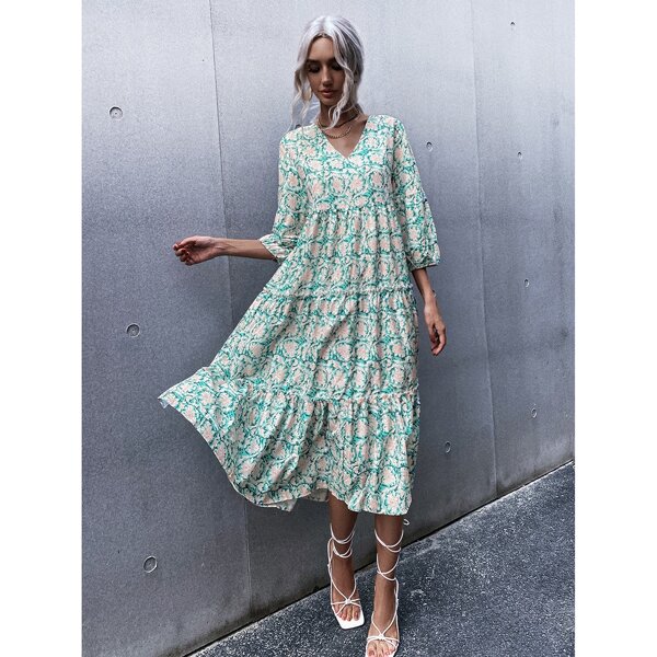 

Allover Floral Print Bishop Sleeve Ruffle Hem Smock Dress, Multicolor