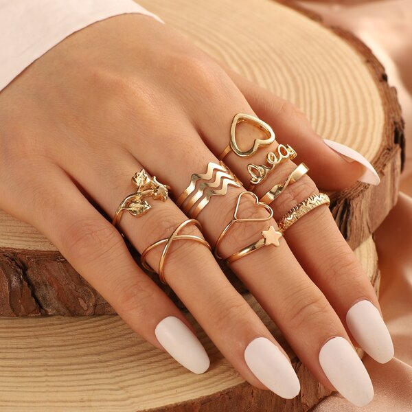 

9pcs Heart & Star Decor Ring, Gold