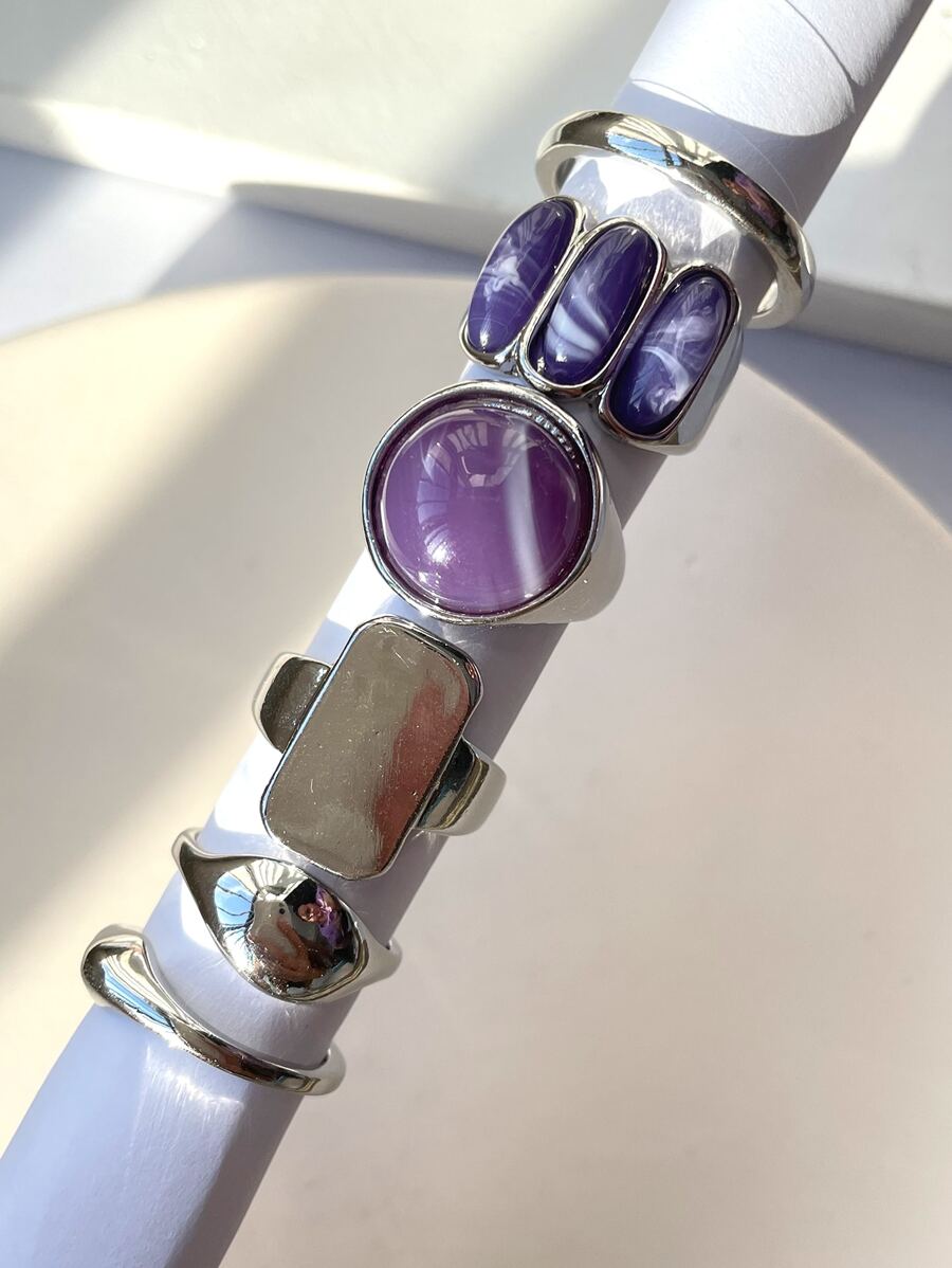 6入組石頭裝飾戒指 - 彩色 - 查看 1