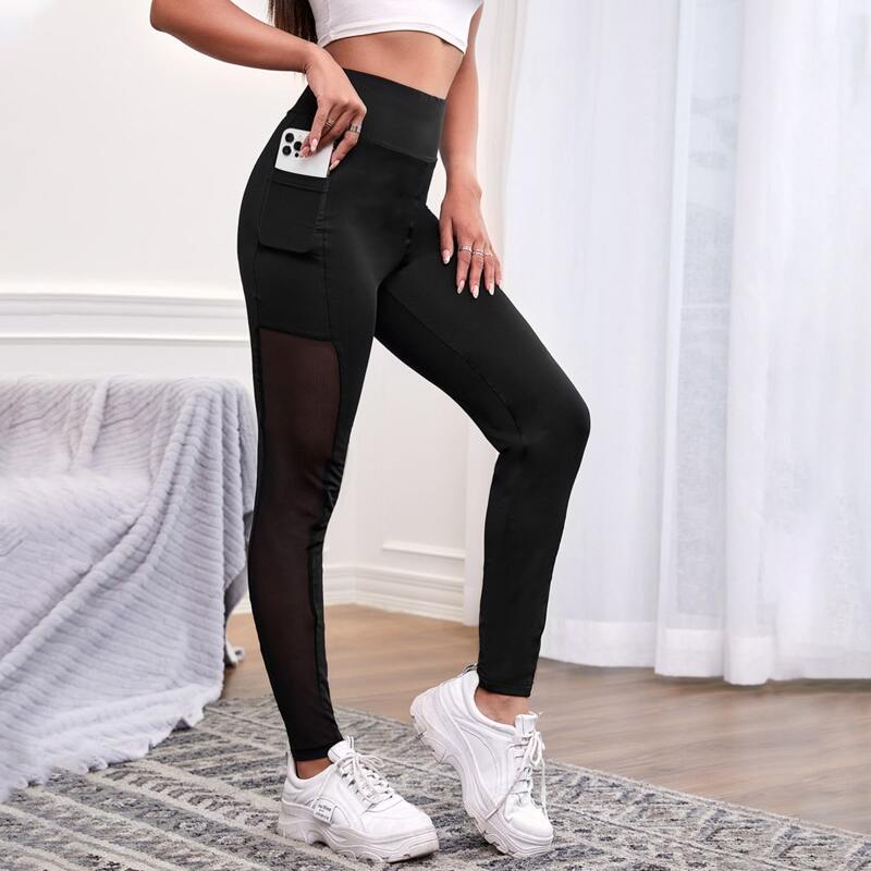 

Mesh Insert Wideband Waist Leggings With Phone Pocket, Black