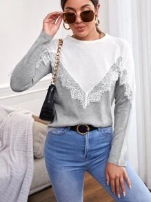 蕾絲拼接撞色套頭毛衣 - 彩色 - 查看 1