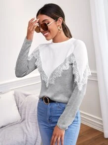 蕾絲拼接撞色套頭毛衣 - 彩色 - 查看 3