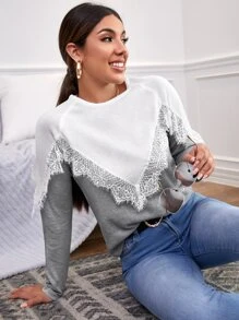 蕾絲拼接撞色套頭毛衣 - 彩色 - 查看 4