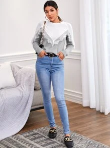 蕾絲拼接撞色套頭毛衣 - 彩色 - 查看 5