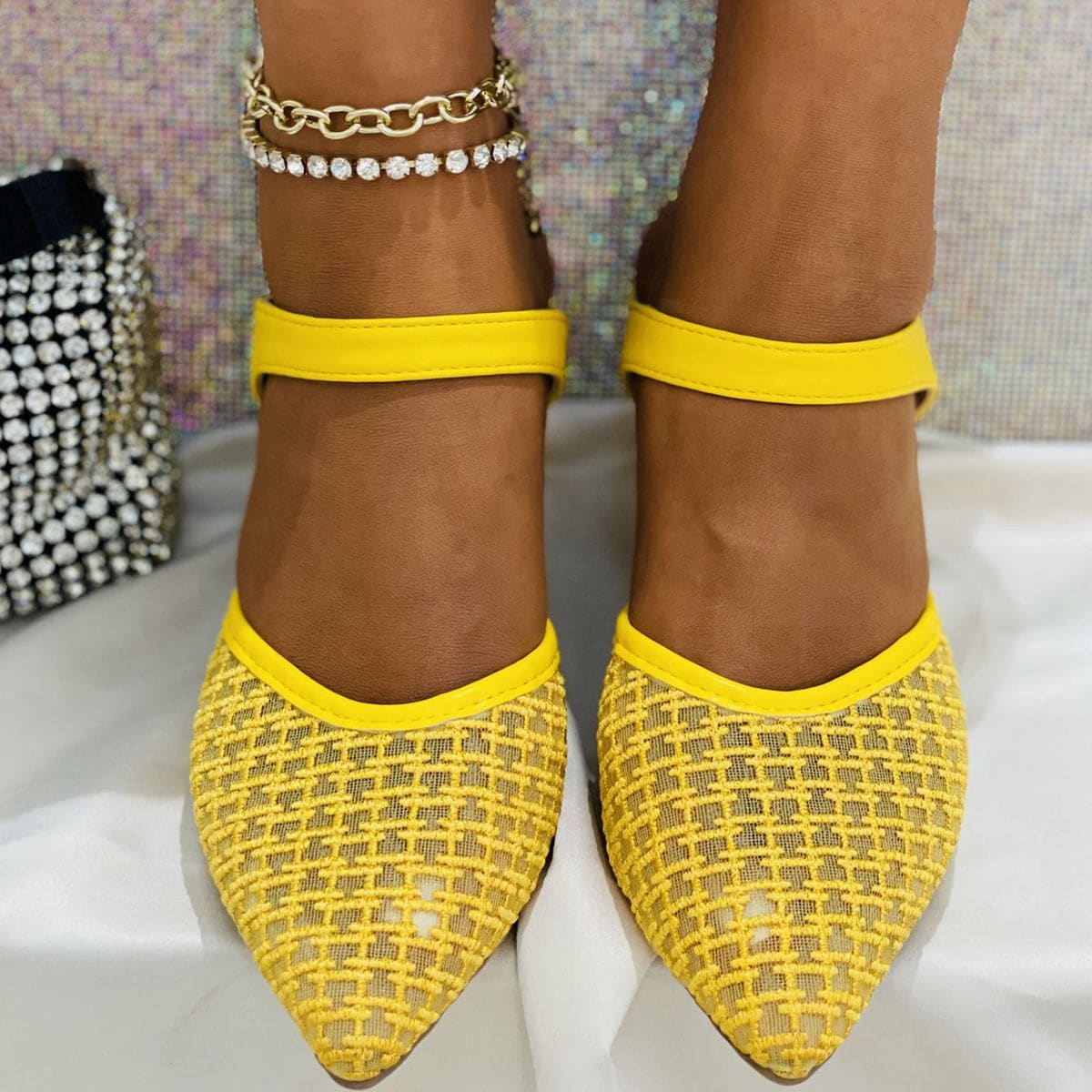 

Mesh Panel Pointed Toe Pumps, Yellow