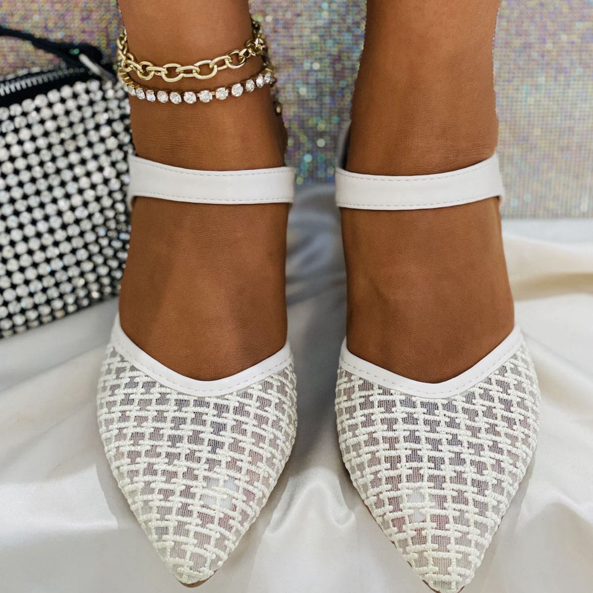 

Mesh Panel Point Toe Heeled Pumps, Beige