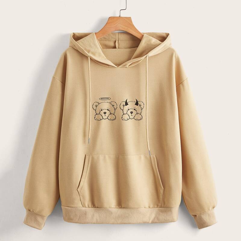

Bear Print Drawstring Hoodie, Khaki