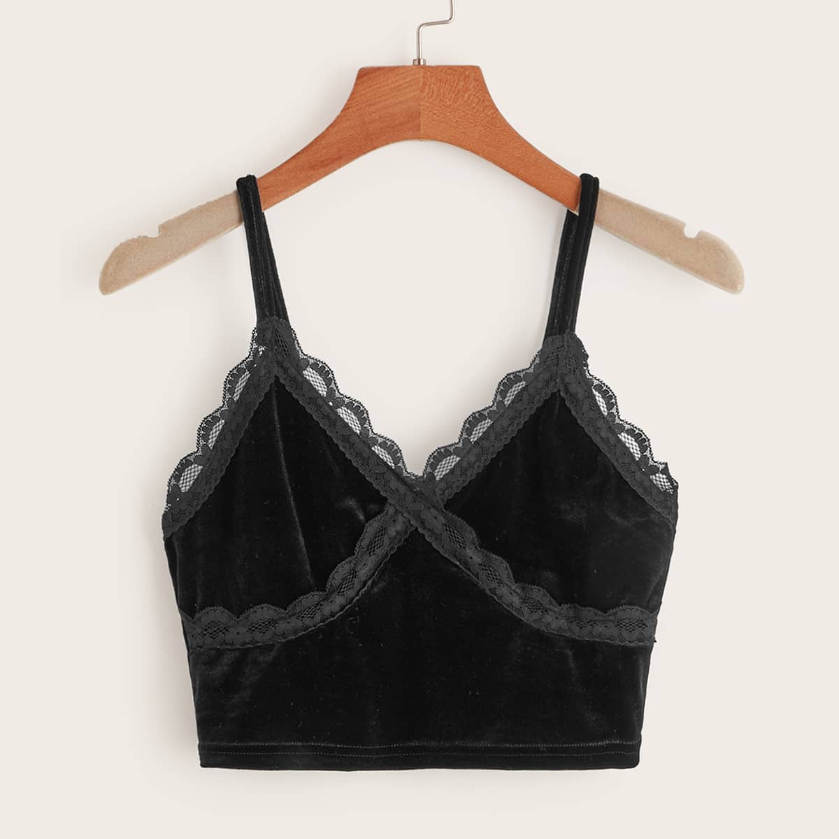 

Velvet Contrast Lace Crop Cami, Black