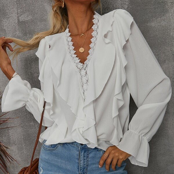 

Flounce Sleeve Ruffle Trim Guipure Lace Blouse, White