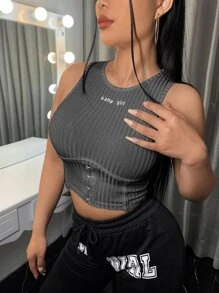 SHEIN SXY Áo hai dây Nghề thêu Gân đan Lá thư Giải trí - Màu xám đen - Xem 4