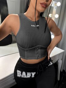 SHEIN SXY Áo hai dây Nghề thêu Gân đan Lá thư Giải trí - Màu xám đen - Xem 5